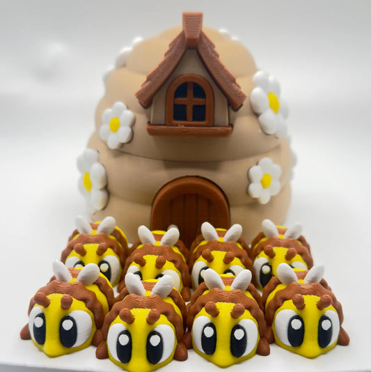 3D printed bee fidget toy set with beehive and eight articulated bees displayed on a white background