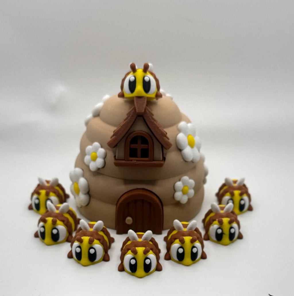 3D Printed Beehive Playset with 8 Articulated Bumble Bees – Cute Fidget Toy Gift for Bee Lovers & Kids - KV3D Designs