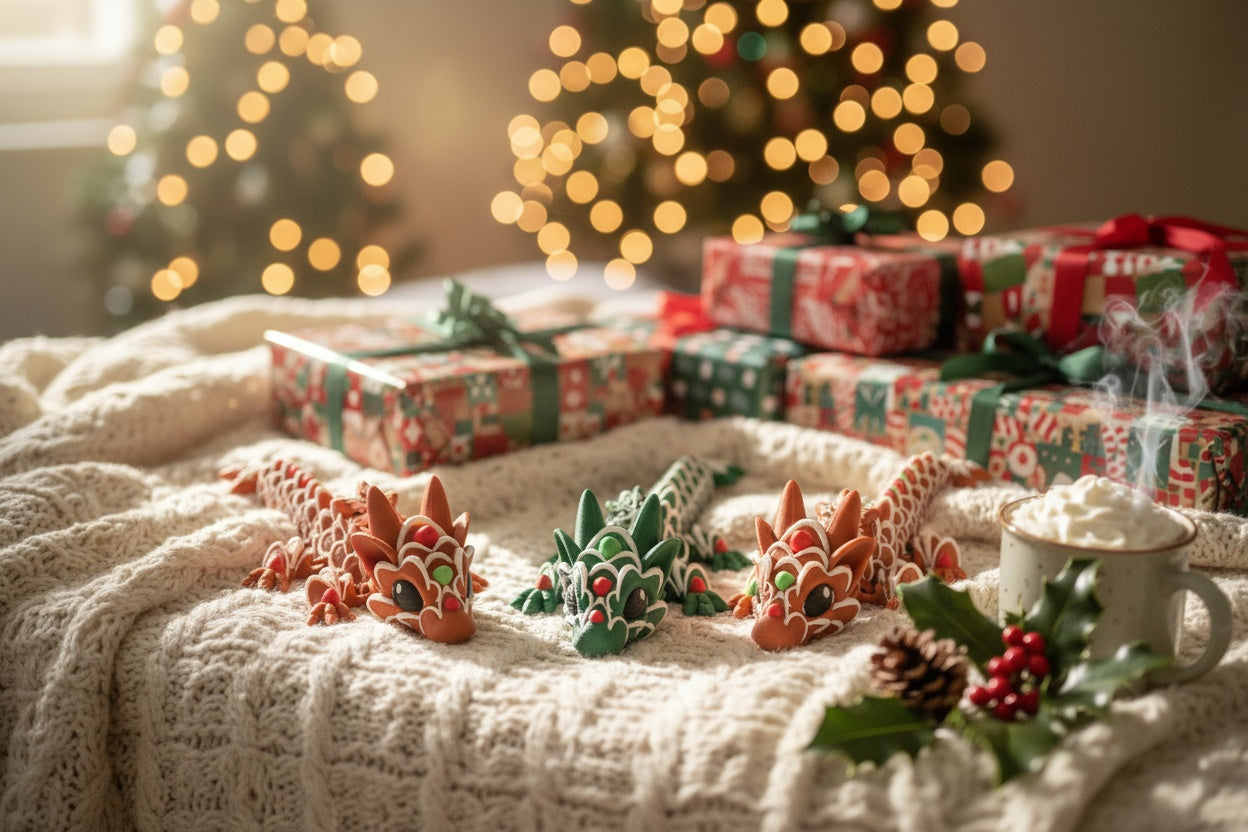 Christmas-themed cookie dragon on a blanket with presents and lights in the background