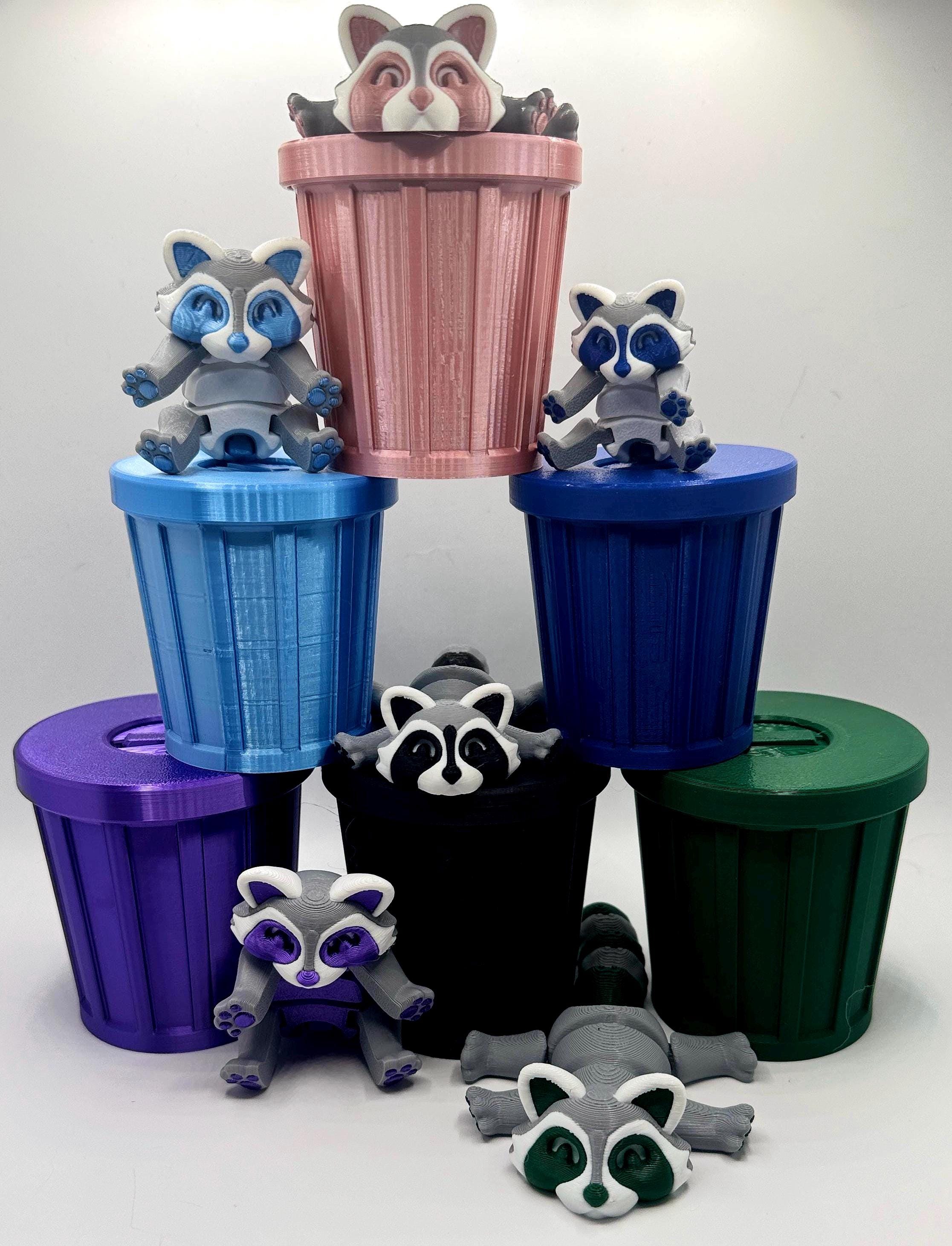 Articulated Raccoon with trash can, Fidget Toy – 3D Printed Trash Panda – Cute Articulating Animal Fidget Gift - KV3D Designs