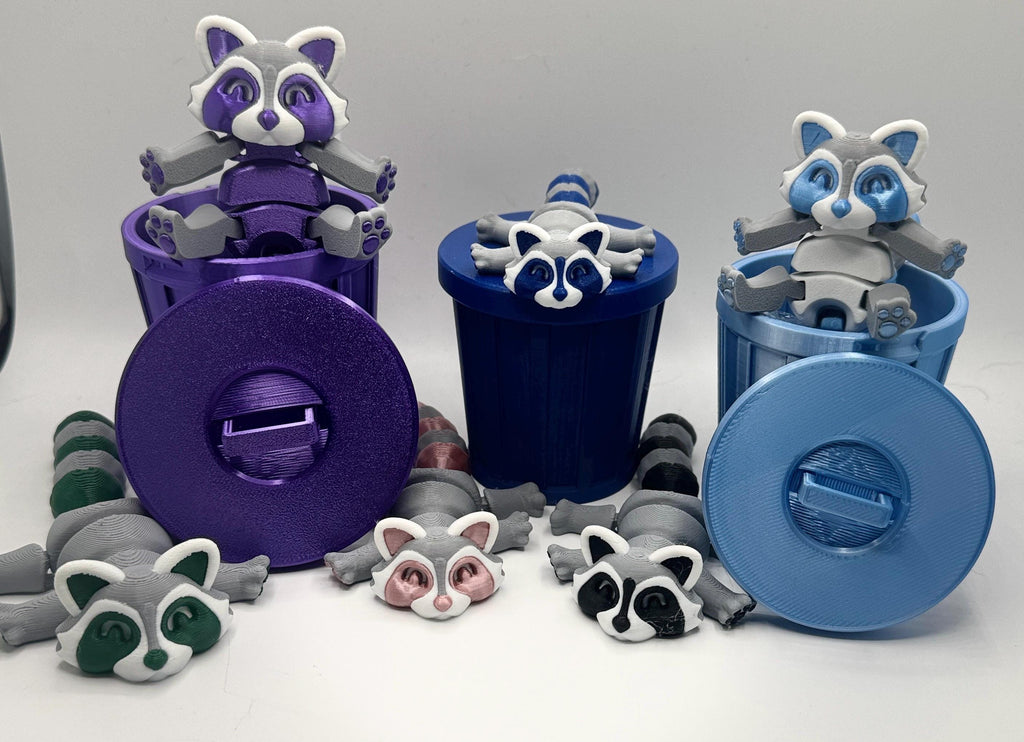 Articulated Raccoon with trash can, Fidget Toy – 3D Printed Trash Panda – Cute Articulating Animal Fidget Gift - KV3D Designs