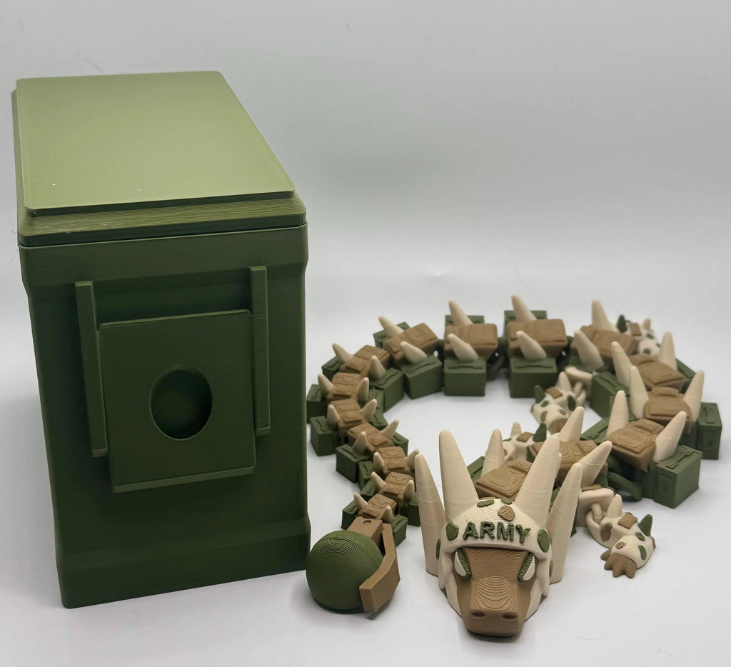 Camo Dragon Fidget Toy with Ammo Can | Military Veteran Gift | Army Articulated Dragon - KV3D Designs