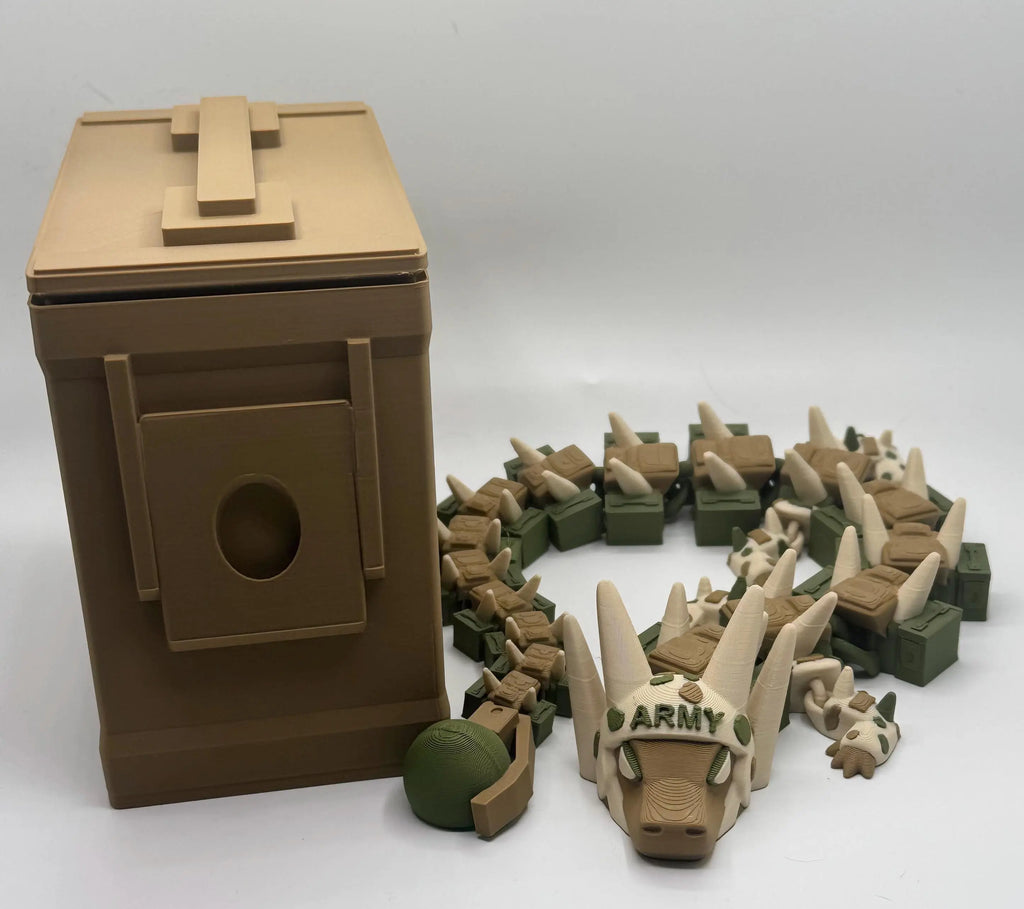 Camo Dragon Fidget Toy with Ammo Can | Military Veteran Gift | Army Articulated Dragon - KV3D Designs