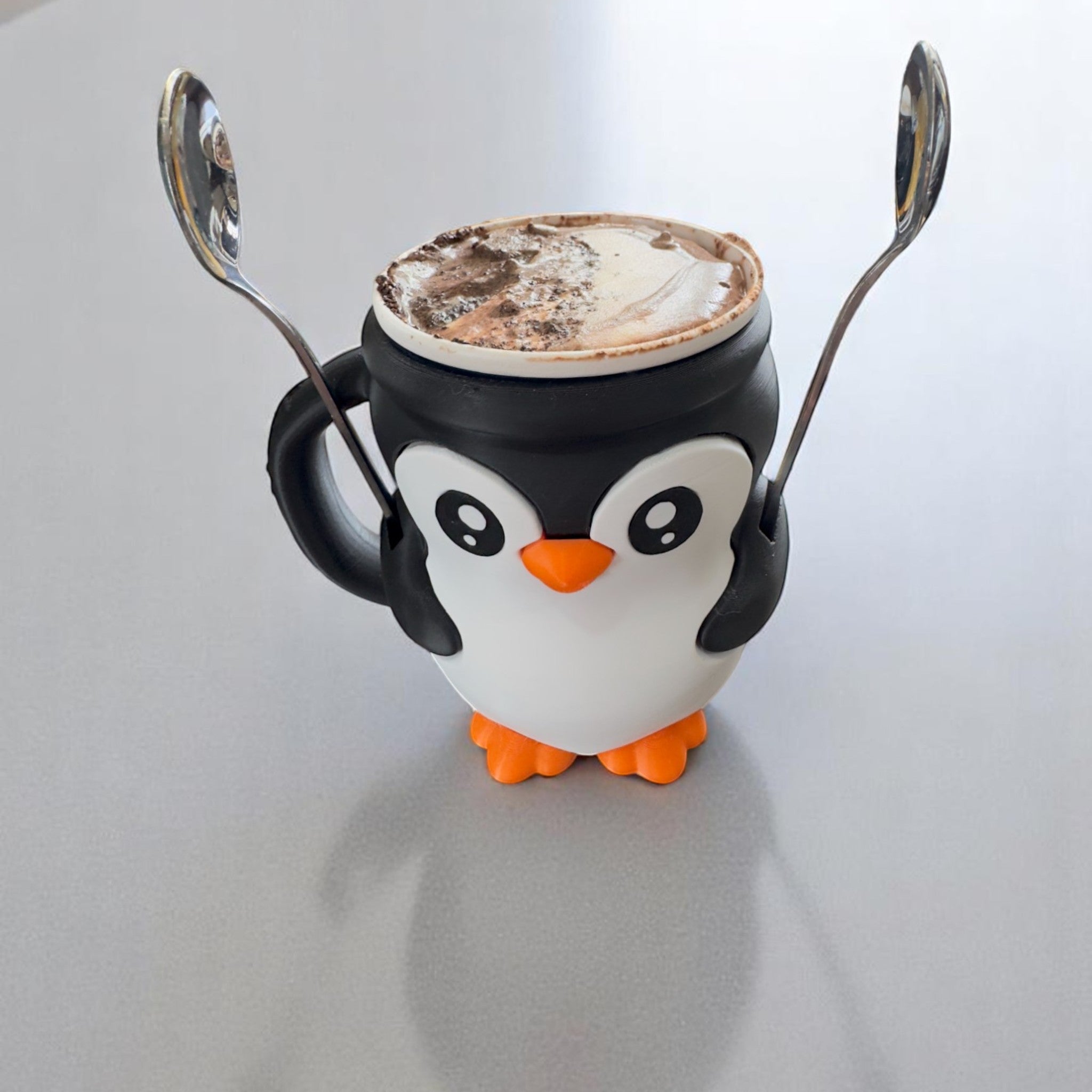Penguin Ice Cream Pint Holder with Handle – Penguin Reusable Mug, Two Spoon Holders and hideaway drawer - KV3D Designs